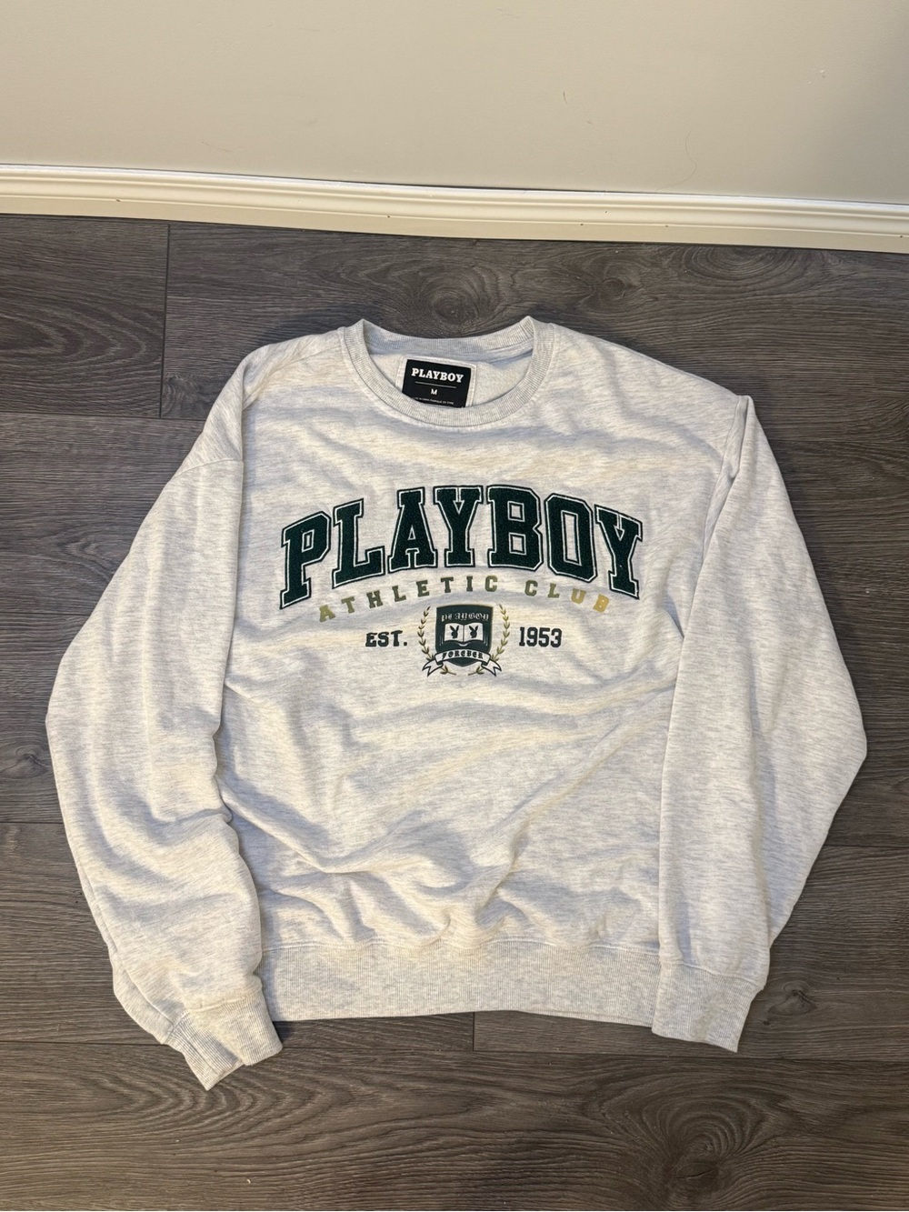 Playboy Athletic Club Crewneck Sweatshirt Gray Varsity Logo Pullover Size Medium